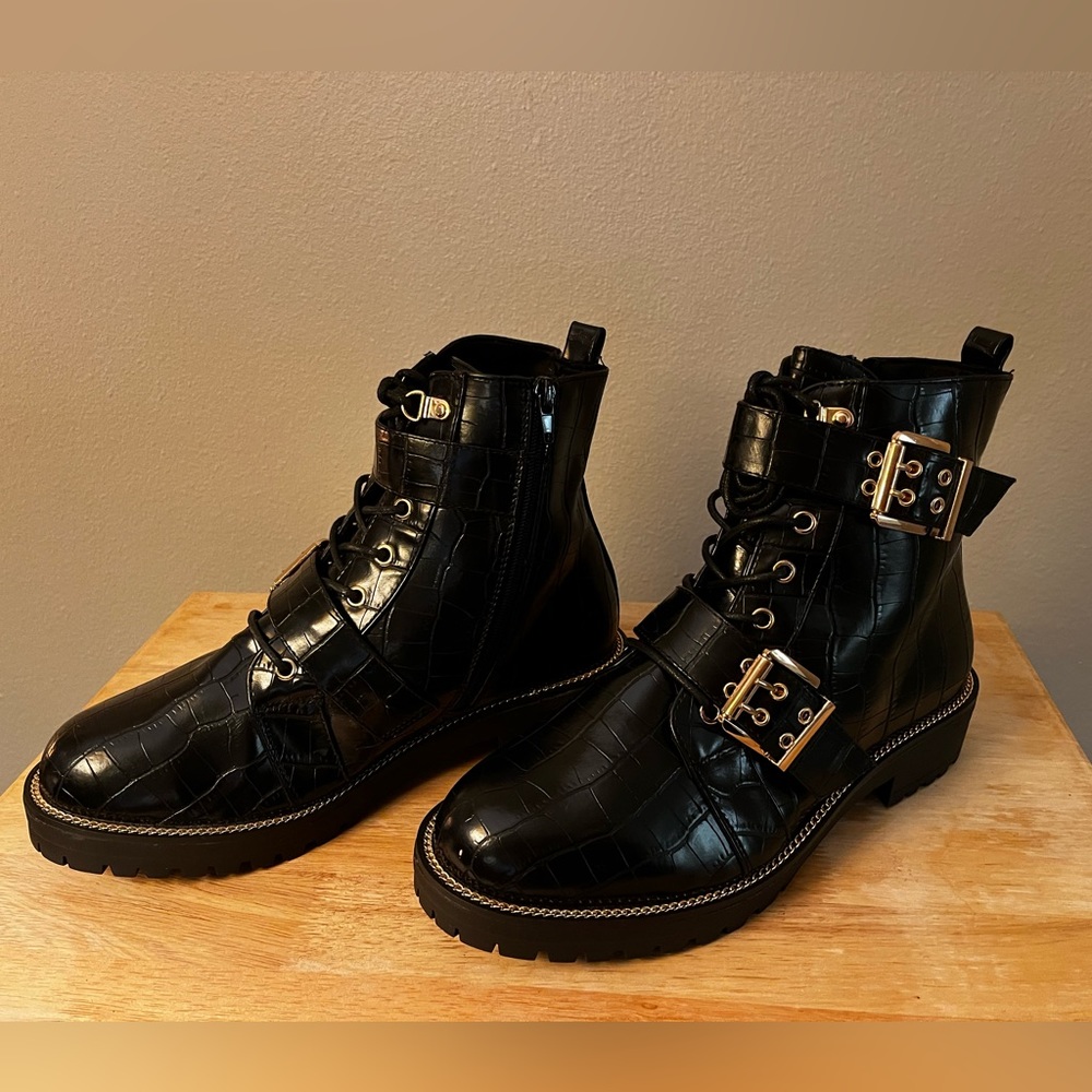 ASOS embossed punk combat black ankle boots, gold buckles, NEVER WORN, WIDE